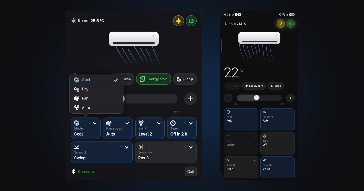 CoolBar's desktop panel next to the Android app: a dark card with an animated air conditioner, a big 22 °C set-point, and tiles for mode, fan, 5-in-1, timer and swing.