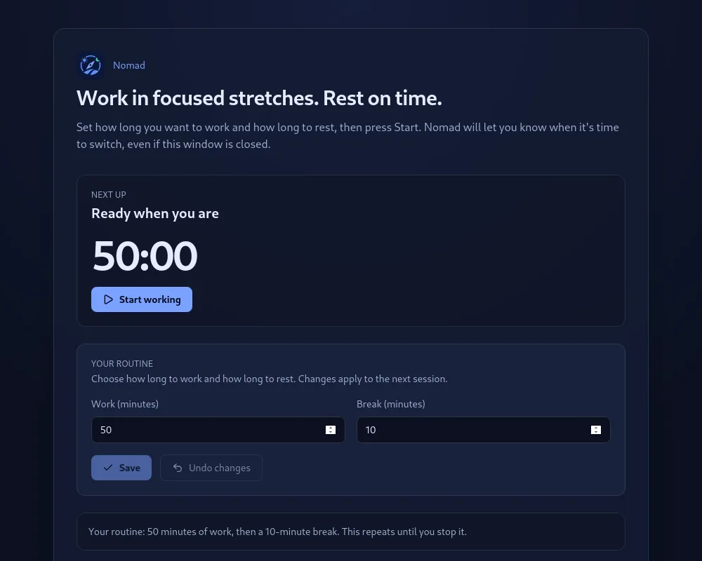 Nomad's home screen: 'Ready when you are' above a 50:00 timer, with the work and break lengths underneath.